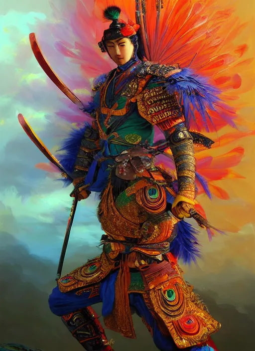 Prompt: Peacock Samurai, extremly detailed oil painting, in the style of Fenghua Zhong and Ruan Jia and RHADS, rim light, beautiful lighting, 8k, stunning scene, raytracing, octane, trending on artstation