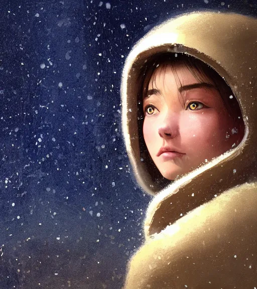 Image similar to face portrait of a beautiful girl in a coat, close portrait, snow - covered small house in a background, night, stars in the sky, the milky way in the sky, winter landscape, painting by craig mullins, octane rendering, wide angle lens, in the style of hayao miyazaki, trending on artstation,