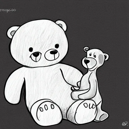 Image similar to drawing of a bear playing with a doll. digital art.