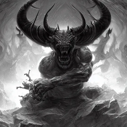 Prompt: full body, grayscale, muscled humanoid balrog demon, horns, claws, large horned tail, heroic pose, swirling flames, Sorie Kim, Gustave Dore, Greg Rutkowski,