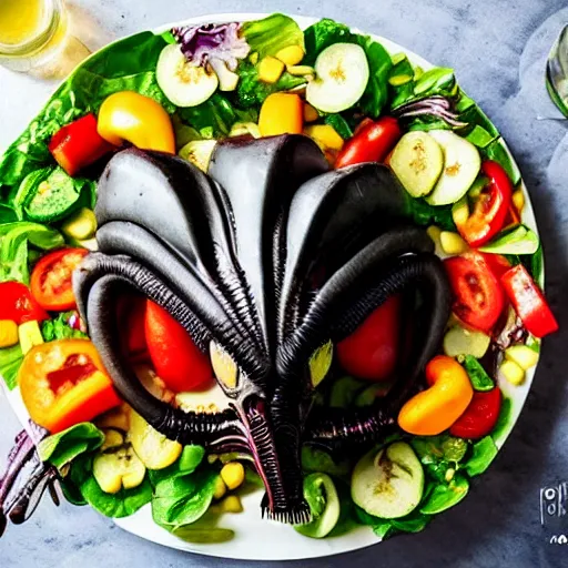 Prompt: a plate of food made of salad and huge alien xenomorph, award winning photographer, food photography