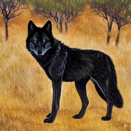 Image similar to black wolf in an australian desert, gold colored eyes, painting