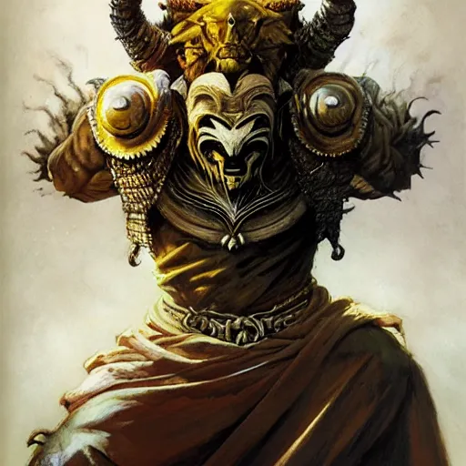 Image similar to head and shoulders portrait of a rakshasa, d & d, fantasy, greg rutkowski, frank frazetta, alexandre chaudret, boris vallejo, michael whelan, miro petrov, hr giger, magali villeneuve, donato giancola