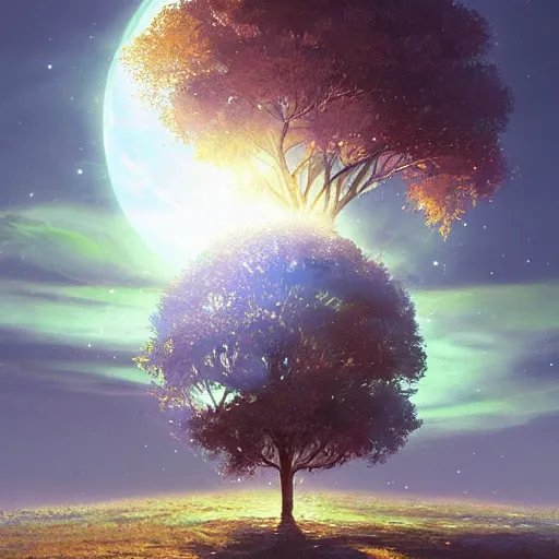 Image similar to Tree filled surface of the moon, intricate, elegant, fantasy, highly detailed, digital painting, concept art, sharp focus, illustration, beautiful volumetric lighting, epic light, artstation, magic hour lighting, colorful, sunshine, springtime, art by Sylvain Sarrailh