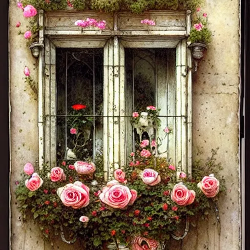 Image similar to ( ( ( ( ( intricate window with roses flower pot. muted colors. ) ) ) ) ) by jean - baptiste monge!!!!!!!!!!!!!!!!!!!!!!!!!!!