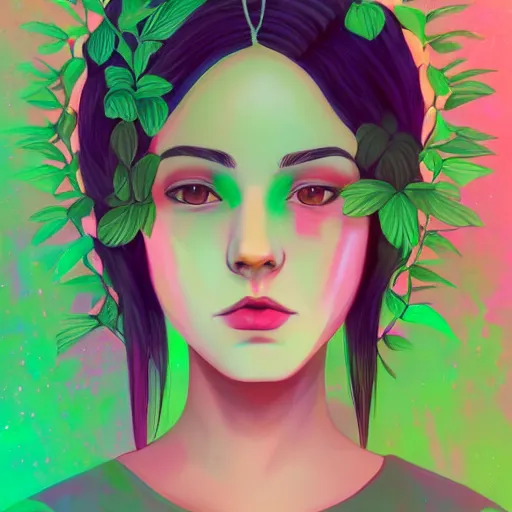 Image similar to portrait of a woman inspired by lois van baarle, iridescent, plants on the head, nature