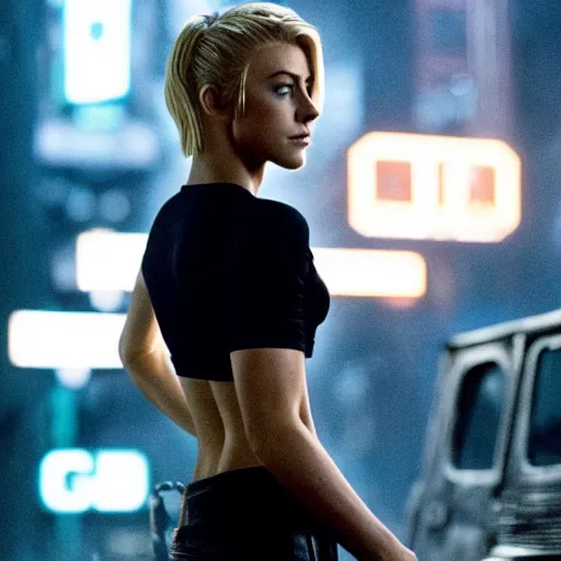 Image similar to julianne hough by ridley scott, a secret agent, wearing black shorts, wearing black boots, wearing a cropped top, blade runner, highly detailed, movie still, intense, sharp focus, cyberpunk, hq