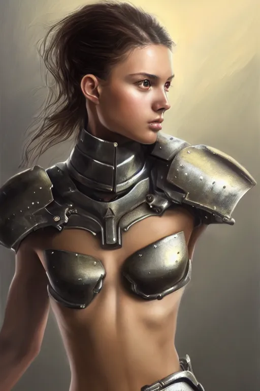 Prompt: a photorealistic painting of an attractive young girl, partially clothed in dull metal-plated battle armor, olive skin, long dark hair, beautiful bone structure, symmetric facial features, perfect eyes, intricate, elegant, slim muscular body, natural physique, digital painting, concept art, finely detailed, illustration, sharp focus, minimal artifacts, from Metal Gear, by Greg Rutkowski, in the style of Ruan Jia and Mandy Jurgens and Artgerm and William-Adolphe Bouguerea, trending on Artstation, award winning