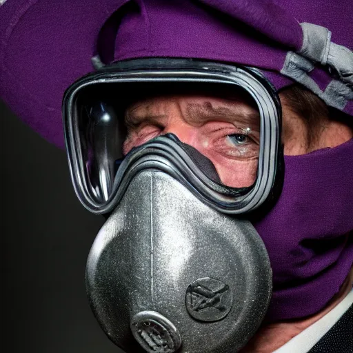 Image similar to a man wearing a purple plumber's attire, a purple cap, and a soviet gasmask, movie still, professional portrait photography, 8 k