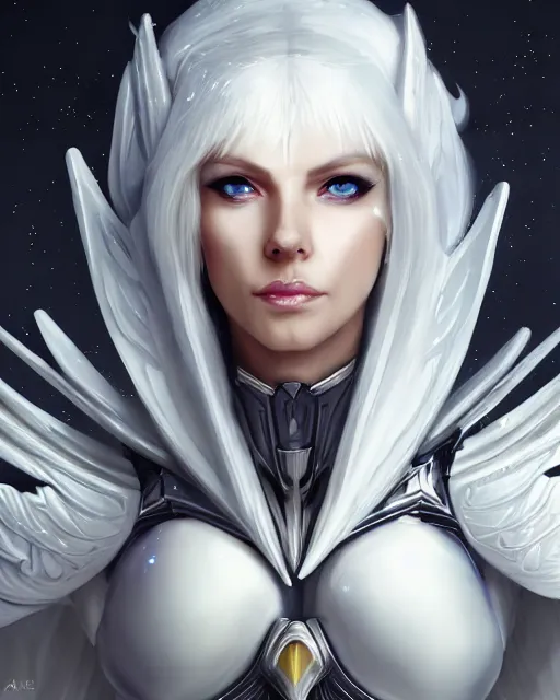 Prompt: perfect white haired attractive egyptian goddess with huge white dove wings, warframe armor, beautiful, symmetric, dreamy, charlize, pretty face, blue eyes, detailed, scifi platform, laboratory, experiment, 4 k, ultra realistic, epic lighting, android body, illuminated, cinematic, masterpiece, art by akihito tsukushi, voidstar