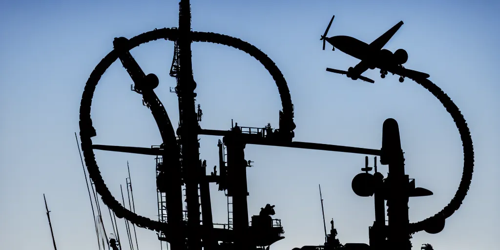 Prompt: warplane stand still on war ship, a dog cartoon symbol on its tail, sun on the background, a little bit silhouette, high quality, award winning photography, photo professional, photography, 2 4 mm lens, f 2. 0, high quality, sharpen, detailed, 8 k, hd, uhd, color grading