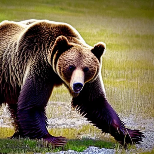 Image similar to grizzly bear holding a mounted minigun