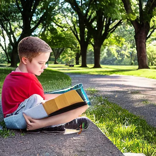 Image similar to a young boy reading a book about nuclear power sat in a public park, a sense of awe, warm dappled light, trees, over the shoulder shot, in the style of norman rockwell