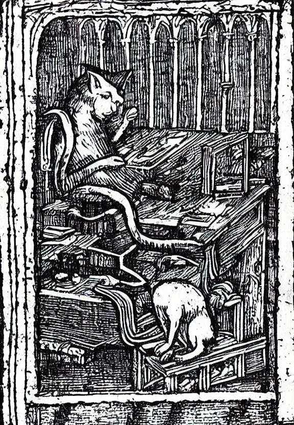 Image similar to [Grim medieval illustration of a cat watching youtube on a computer]