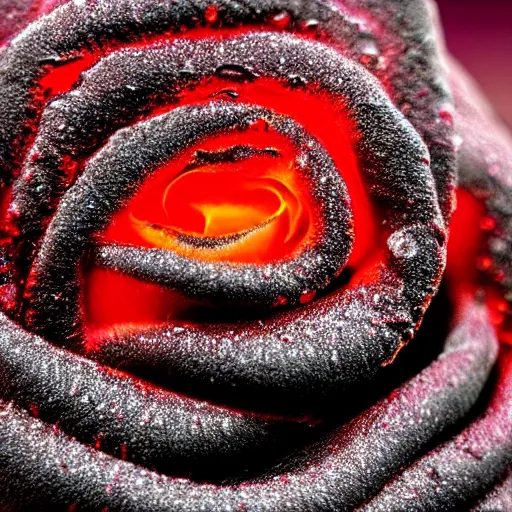 Image similar to award - winning macro of a beautiful black rose made of glowing molten magma