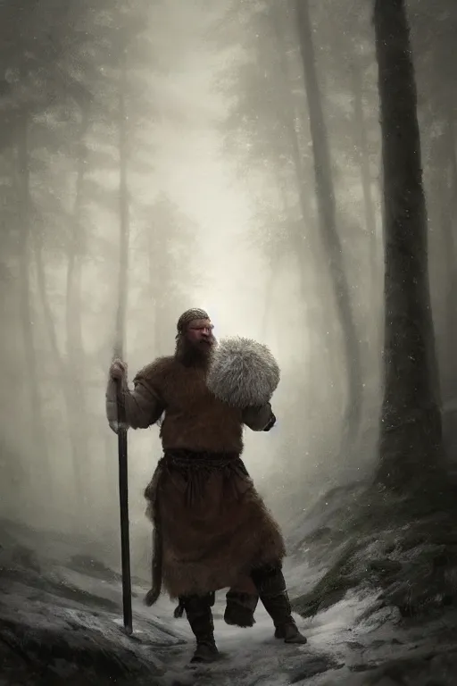 Image similar to epic portrait an male viking petting an big fluffy world during blizzardy winter weather, blurry forest backround, digital painting, artstation, concept art, soft light, hdri, smooth, sharp focus, illustration, fantasy, intricate, elegant, highly detailed, D&D, matte painting, in the style of Greg Rutkowski and Alphonse Mucha and artemisia, 8k, highly detailed, jurgens, rutkowski, bouguereau, pastoral, rustic, georgic, detailed concept art, illustration, colorful pastel, painting, detail, ultra detailed, digital art, 4K,