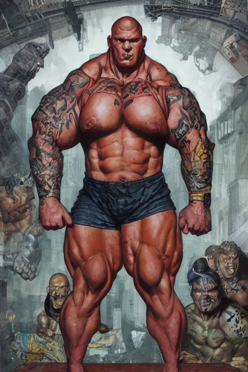 Prompt: upper body and head portrait of huge hulking absurdly muscular martyn ford as marvel character wearing shirt and pants against simple background by alex ross and jack kirby and sergey kolesov and jason fabok and lawrence alma tadema and norman rockwell and greg staples and rick berry and jeremy mann