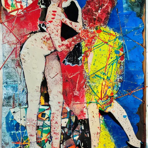 Image similar to two women kissing at a carnival, mixed media collage, retro, paper collage, magazine collage, acrylic paint splatters, bauhaus, layered paper art, sapphic visual poetry expressing the utmost of desires by jackson pollock
