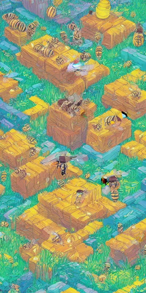 Prompt: https://s.mj.run/j9Niun5QNgY Studio Ghibli art style, a colony of isometric bees and honeycombs dripping with honey living in a massive hidden thriving underground ecosystem with many types of structures flora and fauna, style of James jean, warm color palette, atmospheric perspective, lush, humid, mysterious, secret, magical, futuristic