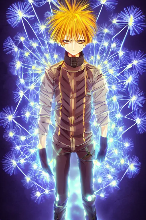 Image similar to glowing luminescent dandelion male anime character, symmetrical, highly detailed, digital art, sharp focus, trending on art station, amber eyes, autumnal colours