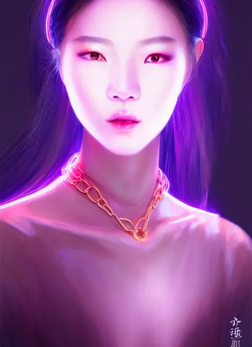 Prompt: portrait of chinese female humanoid, transparent acrylic jewelry accessories, elegant, cyber neon lights, highly detailed, digital illustration, trending in artstation, trending in pinterest, glamor pose, concept art, smooth, sharp focus, art by artgerm and greg rutkowski