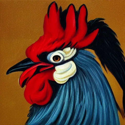 Image similar to painting of a rooster with human ears ear