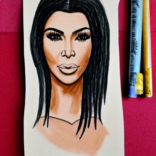 Image similar to Kim Kardashian poorly drawn in wax crayon by a five-year old