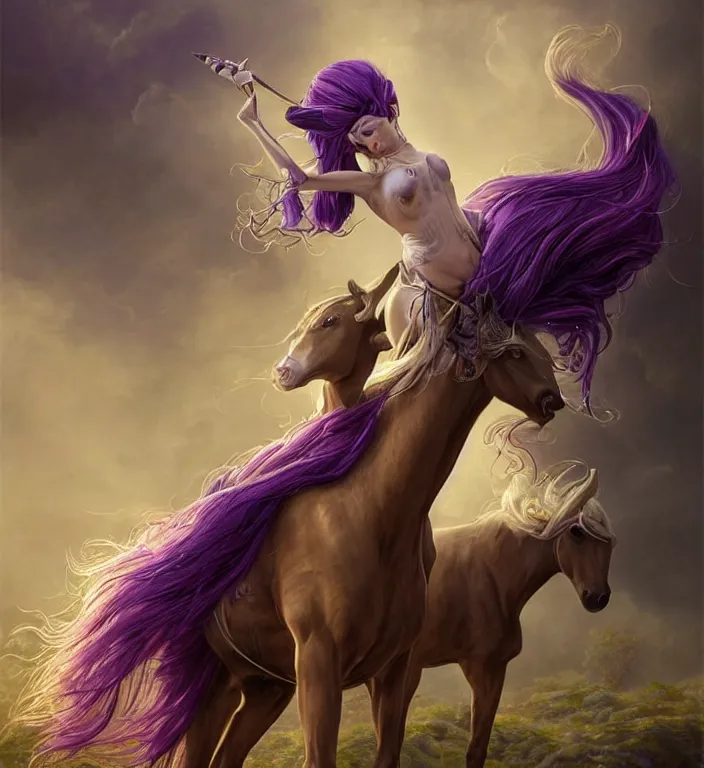 Image similar to a portrait of a beautiful elegant female centaur with a horn on the forehead and wings on her horse body and purple hair and elf ears, Ultra realistic! 25mm f/1.7 ASPH Lens backlit, strong rim light, highly detailed, digital painting, HDRI, by Alvaro Castagnet + Peter Mohrbacher + Dan Mumford + vivid colors + high contrast, 8k resolution, intricate, photorealistic, smooth