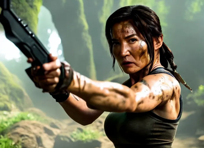 Prompt: film still of jackie chan as lara croft in new tomb raider movie, 8 k