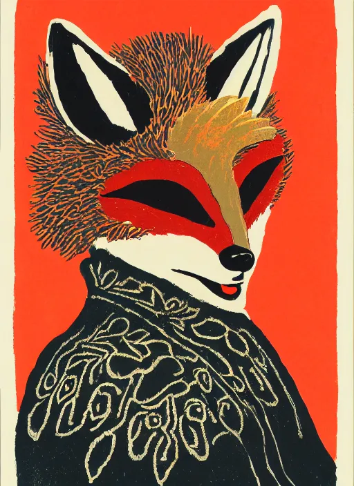 Image similar to an extreme close - up low angle portrait of the young extravagantly dressed queen in a fox mask in a scenic representation of mother nature and the meaning of life by billy childish, thick visible brush strokes, shadowy landscape painting in the background by beal gifford, vintage postcard illustration, minimalist cover art by mitchell hooks