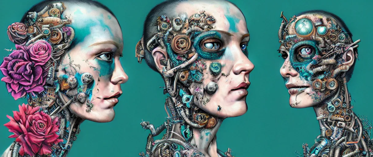 Image similar to hyperrealistic hyper detailed neo-surreal 35mm portrait of cyborg covered in rococo flower tattoos matte painting concept art hannah yata very dramatic dark teal lighting low angle hd 8k sharp shallow depth of field