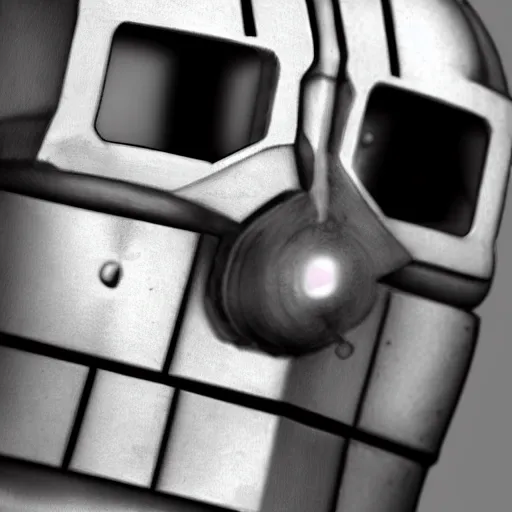 Image similar to close up realistic cyberman with half of his mask broken off showing david tennant pencil sketch cinematic lighting, render, fantasy