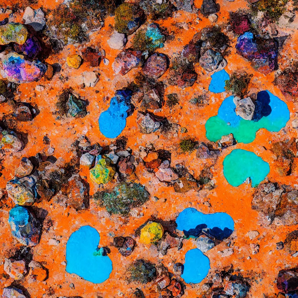 Image similar to bismuth boulders, orange sand desert with colorful pools of bright milky paint, birds eye view