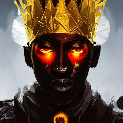 Image similar to a dark and ominous african moor with glowing eyes and a golden crown with a ruby, Apex Legends character digital illustration portrait design, by android jones and greg rutkowski in a cyberpunk voodoo style, detailed, cinematic lighting, wide angle action dynamic portrait