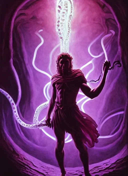 Prompt: movie poster with a young strong ancient greek man with lovecraftian tentacles made of purple glowing energy in the background, dungeons and dragons artwork, award winning art, cinematic light, dynamic composition, highly detailed, dramatic lighting, digital painting, concept art, masterpiece, by leonardo da vinci, raphael, artgerm, greg rutkowski, vibrant colors