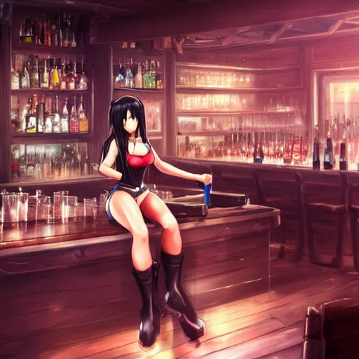 Image similar to high quality concept art of tifa lockhart working in her bar, detailed, trending on artstation