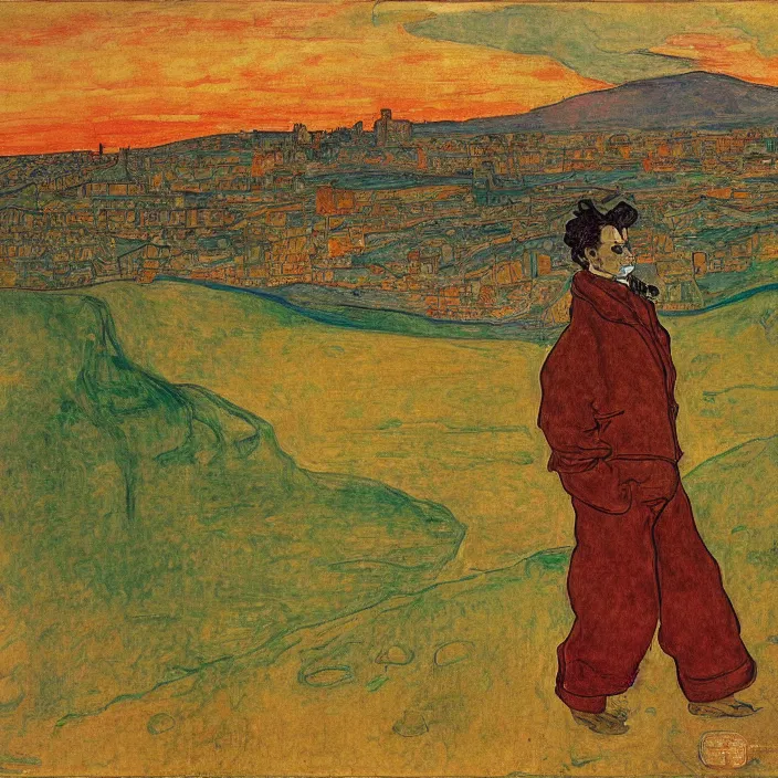 Image similar to fierce man with golden mustache carrying a boulder on his back on a hill, looking at the toxic industrial city with dark smoke and smog. sun setting through the clouds, vivid iridescent colors. munch, egon schiele, henri de toulouse - lautrec, utamaro, monet