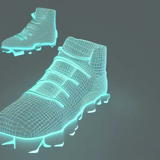 Image similar to high quality octane 3 d render of bioluminescent sneakers floating in space, emissive, bloom, volumetric, ray - tracing, bjork