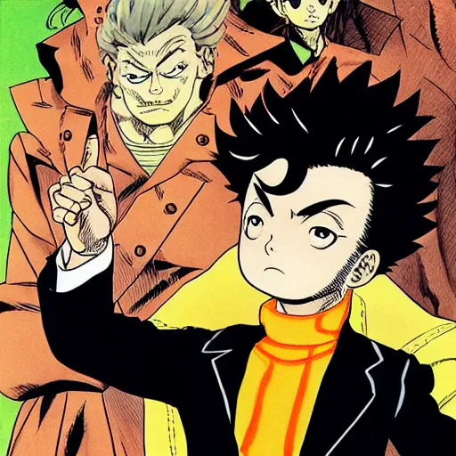 Image similar to young boy angry with pompadour hair, art by katsuhiro otomo, tetsuo hara, hirohiko araki, jotaro kujo, banchou, action pose, manga cover