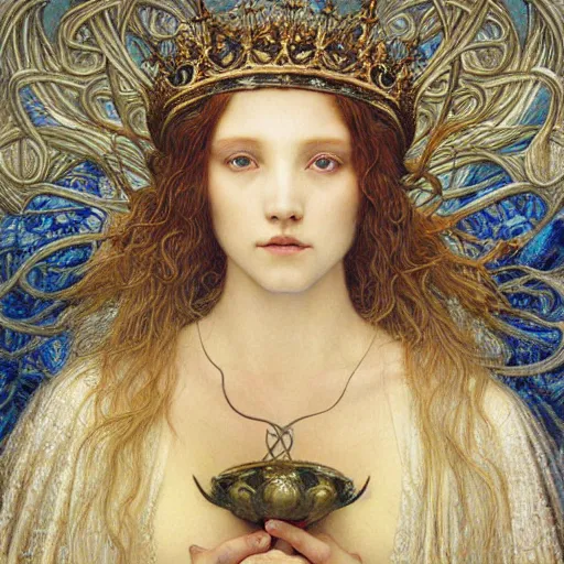 Image similar to detailed realistic beautiful young medieval queen face portrait by jean delville, brooke shaden, gustave dore and marco mazzoni, art nouveau, symbolist, visionary, gothic, pre - raphaelite, ornate gilded medieval icon, surreality