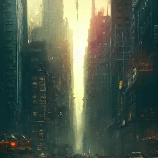 Image similar to new york city in a post apocalyptic earth as seen by greg rutkowski, dark theme, enchanted, warm colors, high quality, waw, trending on artstation