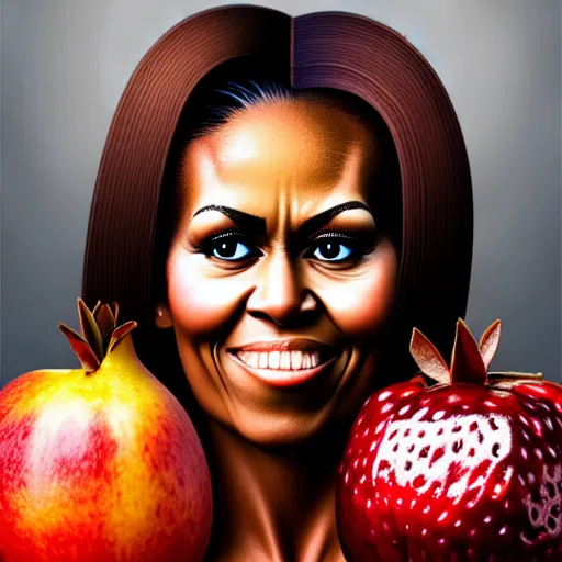 Image similar to realistic fruit character that looks just like michelle obama as a pomegranate, 8 k, fruit eyes, fruit world, beautiful matte painting, by johfra bosschart, hyper realistic, studio lighting, octane render