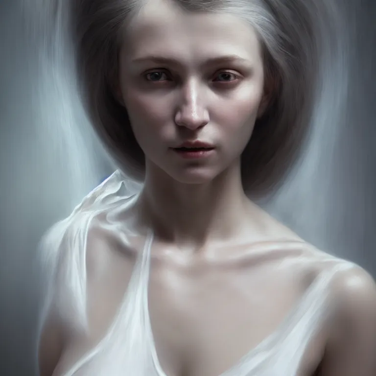 Prompt: a wonderful realistic portrait of a lonely woman with a detailed wonderful face who is dressed with a wonderful, majestic, large semi transparent white cotton dress, accent white lighting, dramatic light, octane render by roberto ferri, fantasy art, photo realistic, dynamic lighting, unreal engine rendered, artstation, poster, dramatic light, - 8 k, award winning