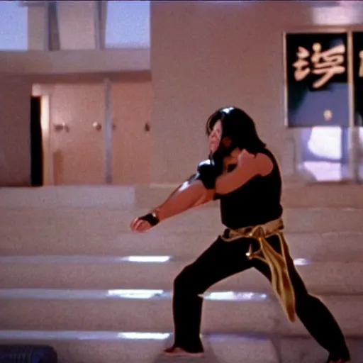 Image similar to Film still of 'Los Angeles Vice Squad' (1990). Epic kung-fu villian scene. Sigma 85mm f/8
