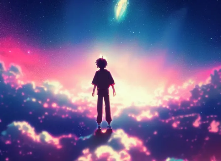 Image similar to pink and blue sky, japanese anime, comet in the sky, nebula, galaxy, Your Name movie style, main character standing looking at sky, wallpaper, 4k, 8k, digital art, wallpaper, artstation