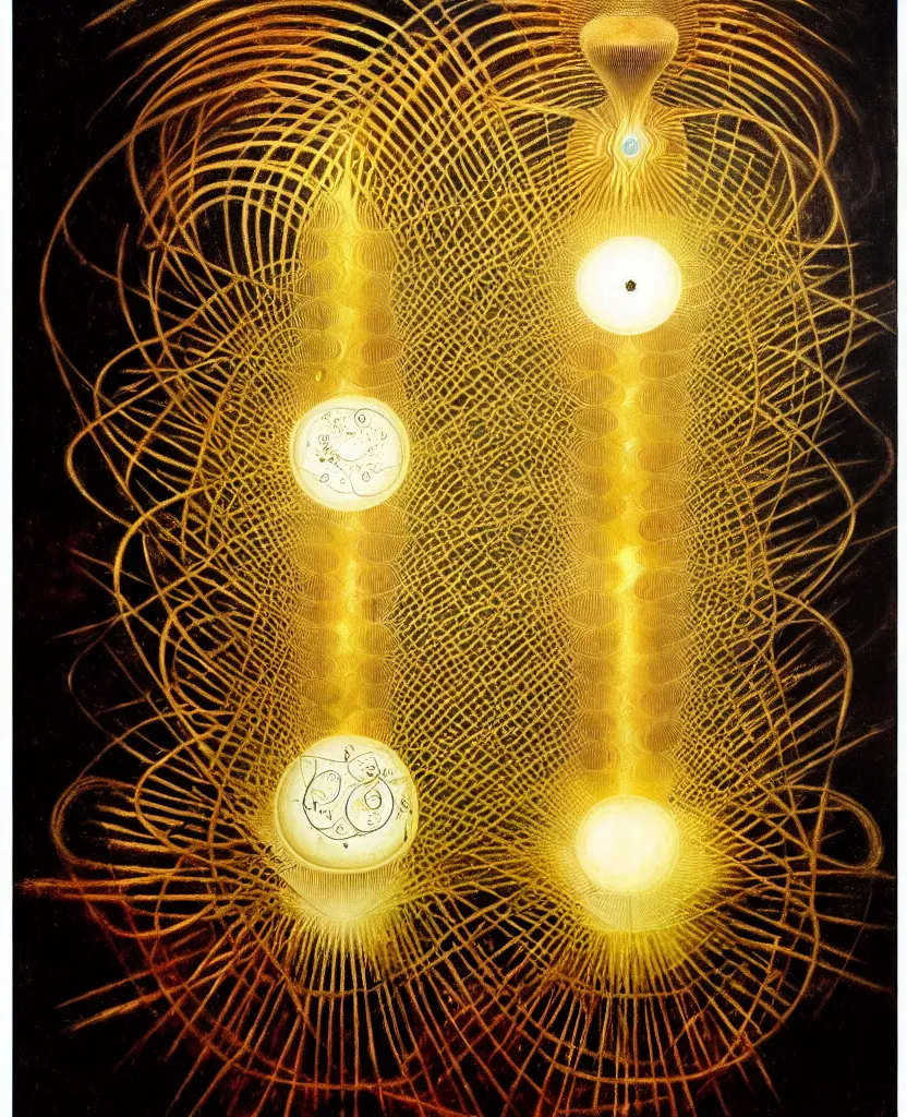 Image similar to a golden child radiates a unique canto'as above so below'while being ignited by the spirit of haeckel and robert fludd, breakthrough is iminent, glory be to the magic within, in honor of saturn, painted by ronny khalil