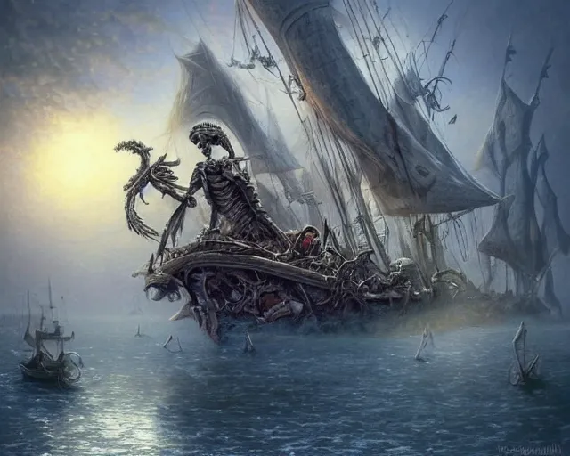 Prompt: death is swallowed up in victory, very detailed and beautiful face, artwork by artgerm, skeletons on a pirate ship, sail made of human skin, wide angle, full body, fantasy, highly detailed, digital painting, artstation, smooth, sharp focus, art by thomas kinkade and stephan martiniere and kevin swartz