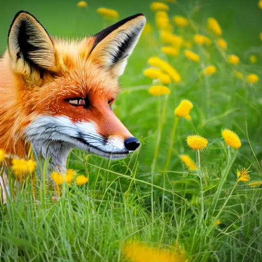 Image similar to A fox in a field of dandelions, golden hour, 50mm close up, beautiful, f/11, bokeh depth of field