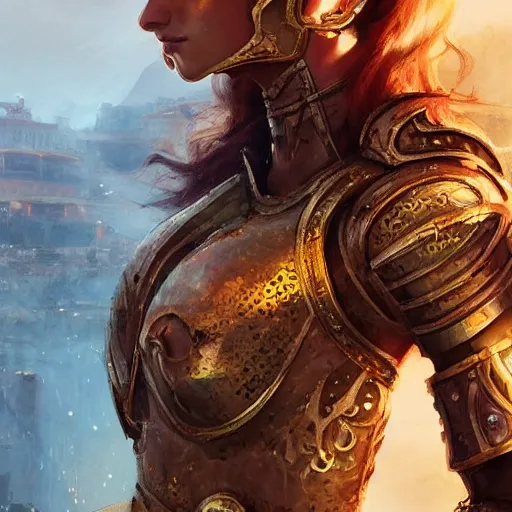 Image similar to portrait knights of Zodiac girl, golden and copper armor, in ruined Agora of Athens, ssci-fi, fantasy, intricate, very very beautiful, elegant, highly detailed, digital painting, artstation, concept art, smooth, sharp focus, illustration, art by WLOP and tian zi and artgerm