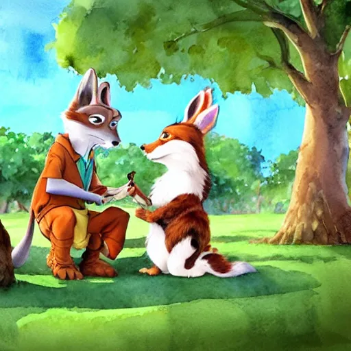 Image similar to Storybook illustration of anthropomorphic animal children playing in the park, watercolor style, Zootopia